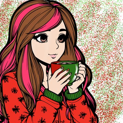 realistic girl drinking hot chocolate in the winter in pj's