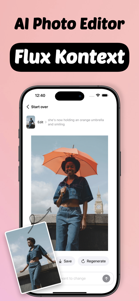 Flux Kontext: AI Image Editor - Flux Kontext app interface showing an AI photo edit of a woman holding an orange umbrella based on a text prompt