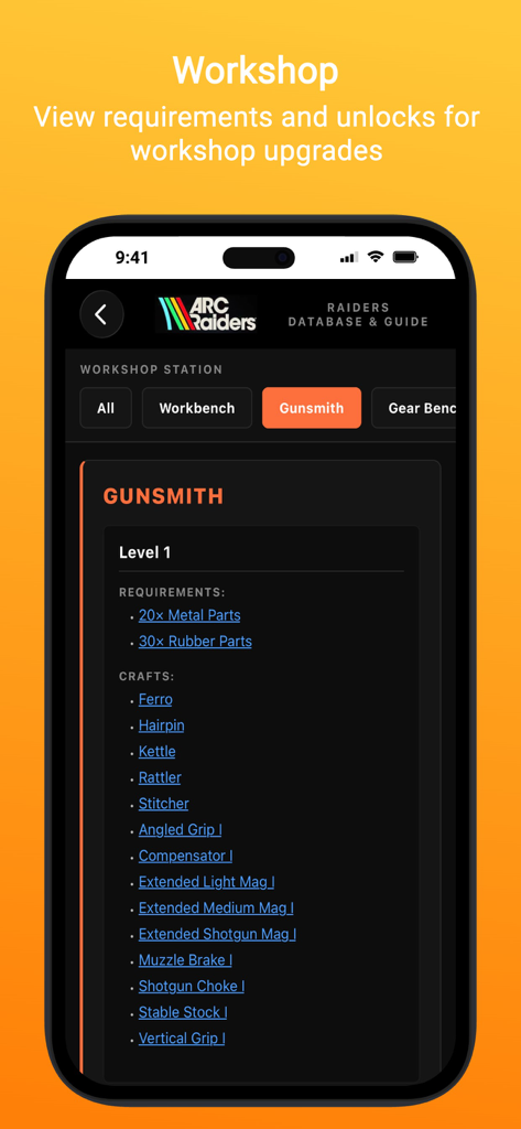 ARC Intel: A Raiders Database - Mobile app interface of ARC Intel showing Gunsmith Level 1 workshop requirements and craftable items