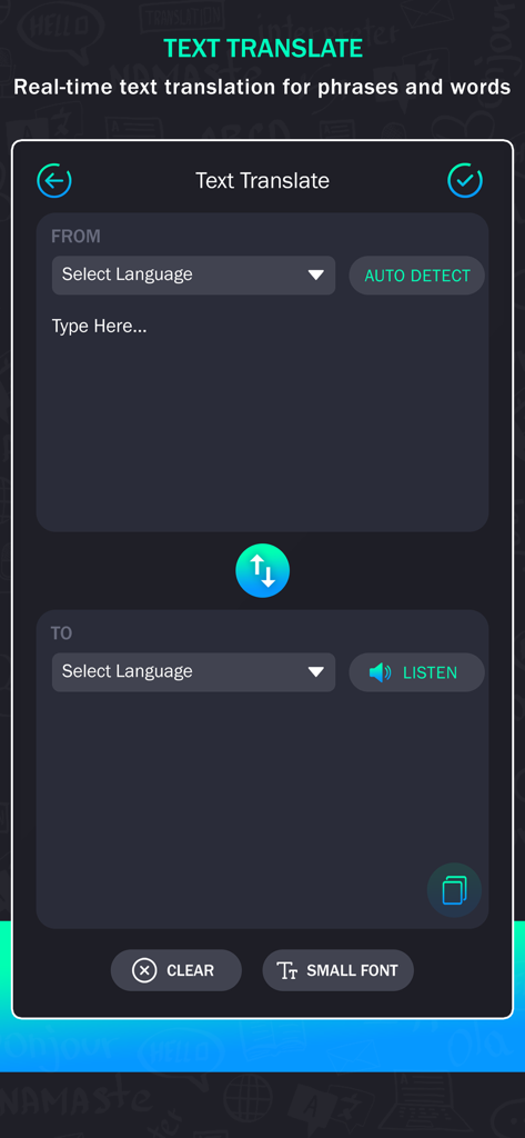 All Language Translate App - All Language Translate Appのインターフェースで、リアルタイムの単語とフレーズ翻訳のためのテキスト翻訳画面が表示されています。