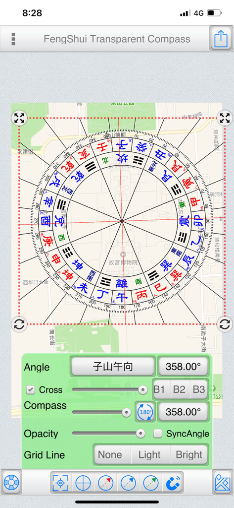 Ein digitaler Feng Shui Luopan Kompass, überlagert auf einer Stadtkarte mit Einstellungsreglern für Winkel und Deckkraft.