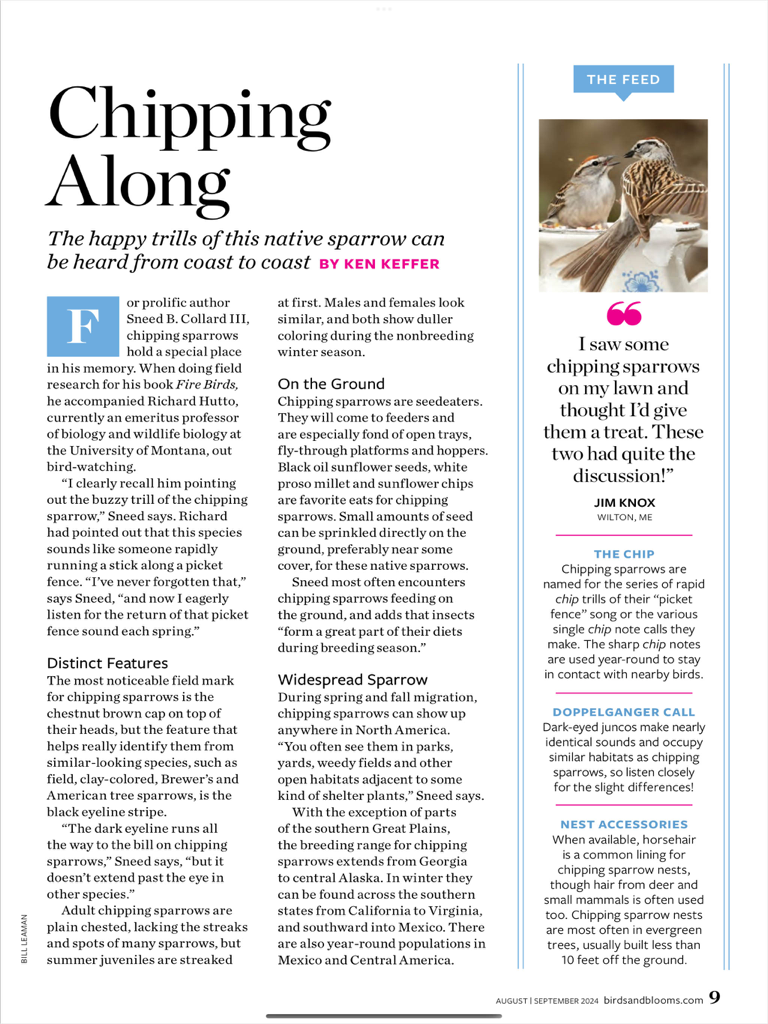 Birds & Blooms - A digital magazine article about chipping sparrows on the Birds and Blooms iPad app featuring bird facts and reader stories