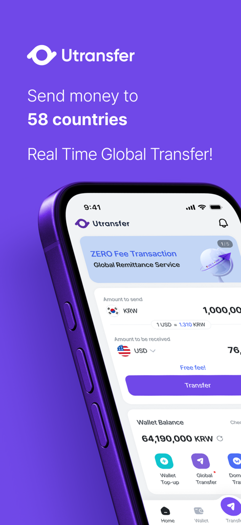 Utransfer-Korea Remittance App - Um telefone celular exibindo a interface do aplicativo Utransfer para enviar dinheiro da Coreia para 58 países com recursos de transferência global em tempo real.