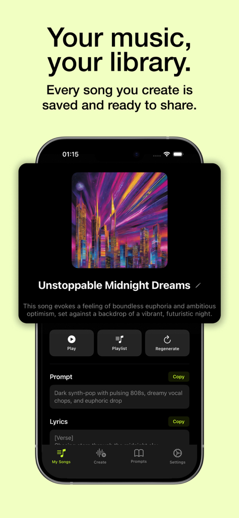 AI Song Generator & Make Music - AI Song Generator app screen showing a saved track in the library with playback and customization controls.