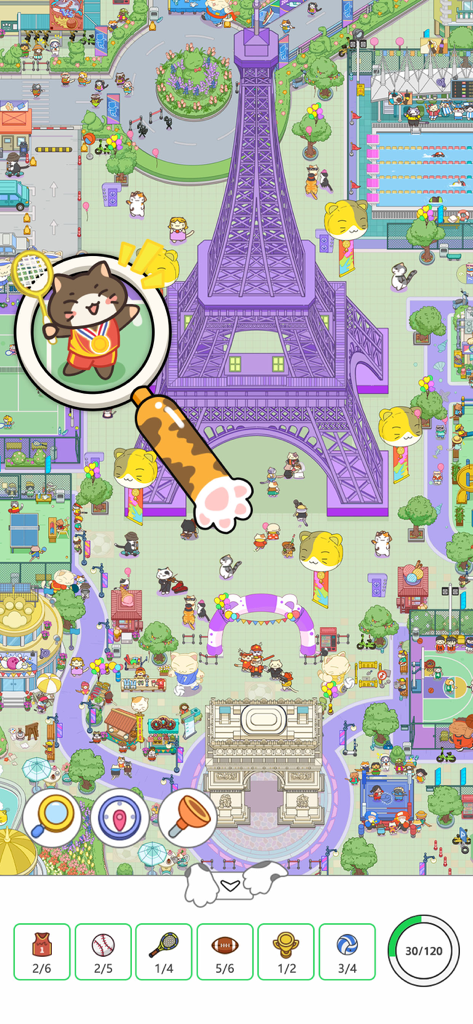 A hand drawn hidden object gameplay scene in Paris featuring cats and various sports items to find