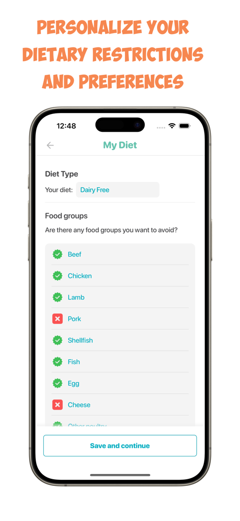 Real Plans - Meal Planner - Real Plans app screen for personalizing dietary restrictions and food group preferences.