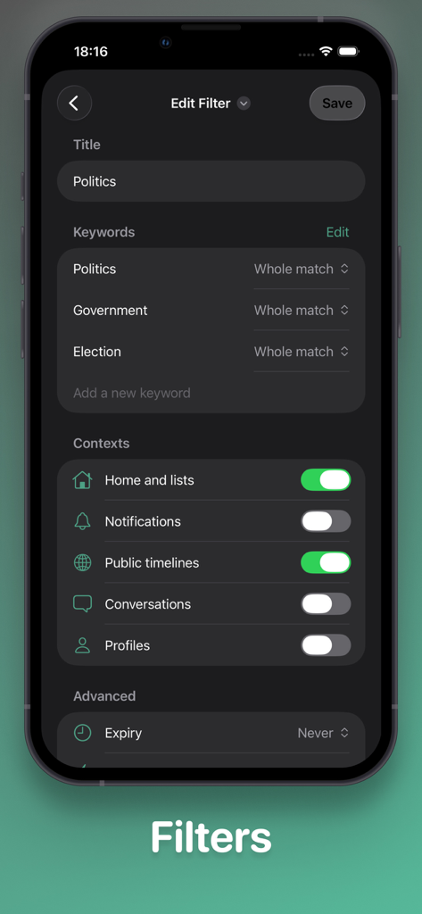 Pipilo - Pipilo app interface showing the edit filter screen with keywords like politics and government to customize the social timeline