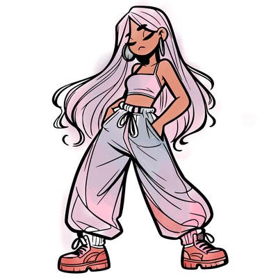 girl in baggy pants crop top and long hair