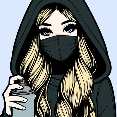 girl wearing a mask with long hair with her hood up spray-painting realistic