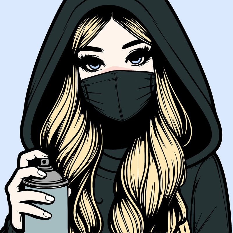 girl wearing a mask with long hair with her hood up spray-painting realistic