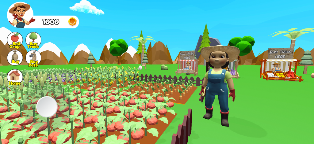 Grow My Garden + - Un personaje 3D de pie en una granja virtual vibrante con hileras de cultivos en crecimiento y puestos de mercado en Grow My Garden plus.