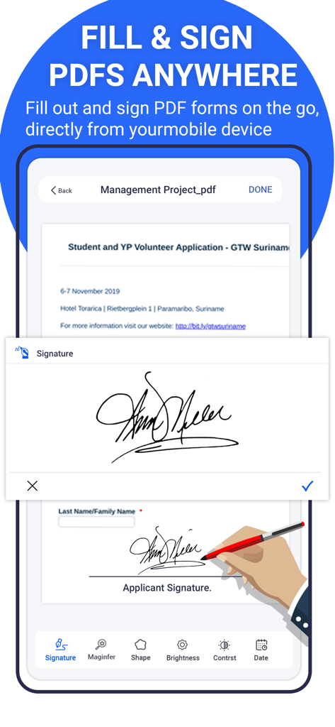 PDF Editors - Interface do usuário do aplicativo Editores de PDF mostrando uma assinatura digital sendo aplicada a um documento em um smartphone.