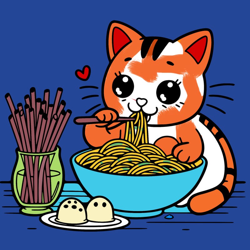italian cat eating pasta