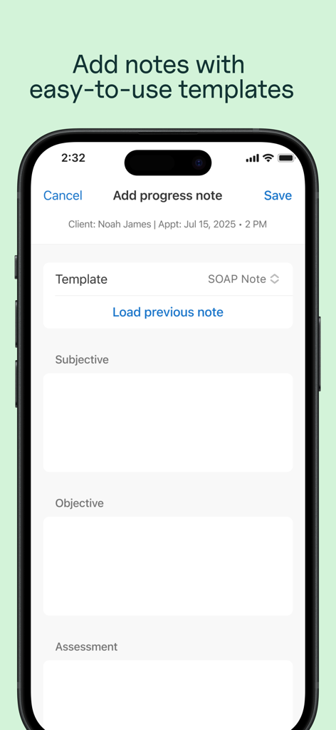 Interface of the SimplePractice for Clinicians app showing a SOAP progress note template for medical documentation.