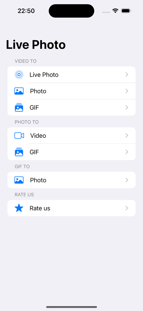 Interface der Video To Live Photo App mit Optionen zur Umwandlung von Videos in Live-Fotos, GIFs und statische Bilder