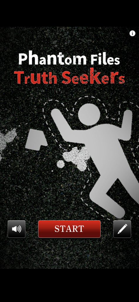Phantom Files: Truth Seekers - Startbildschirm des Spiels Phantom Files Truth Seekers mit einer Tatort-Körperform auf dunklem Hintergrund