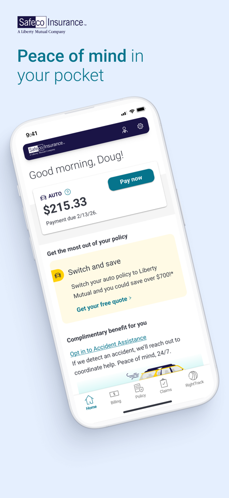 Safeco Mobile app home screen showing auto insurance payment details and main navigation menu.