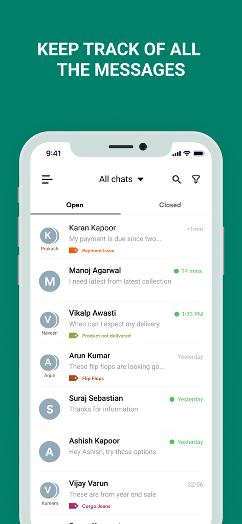 Interakt app interface displaying a shared team inbox for managing WhatsApp business messages and customer inquiries
