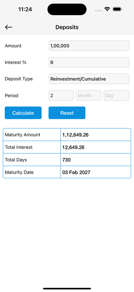 定期預金利息計算と満期結果を示す財務アプリのインターフェース。