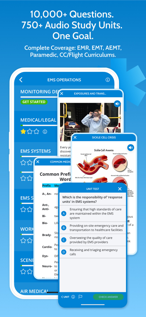 MedicTests 2026 EMS Education - MedicTests app showing EMS study modules medical diagrams and practice test questions