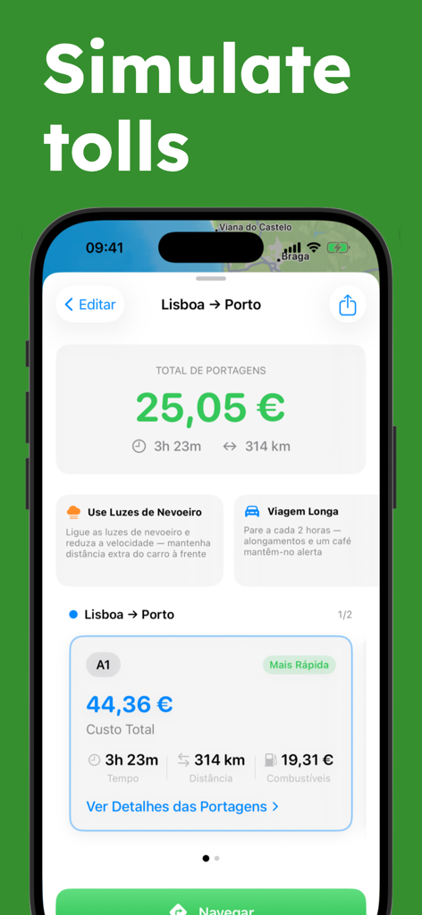 PortuGAS - Fuel Prices PT - App PortuGAS che mostra la simulazione dei costi di pedaggio e carburante per un viaggio da Lisbona a Porto