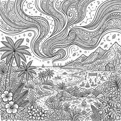 Experience the magic where a dazzling pulsating aurora meets a lively summer beach vacation in this detailed adult coloring template. Perfect for adults and teens, this page invites you to bring vibrant hues to a unique night sky and a bustling seaside landscape.