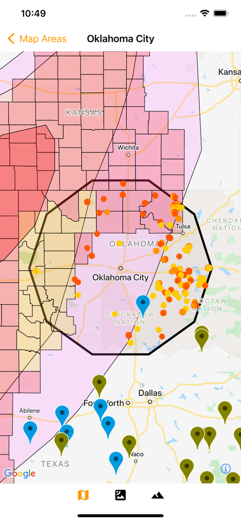 Fireguard Wildfire Tracker - Fireguard Wildfire Tracker app displaying a map with hotspots and risk zones around Oklahoma City