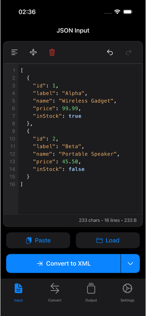 JSON Tools mobile app interface showing a code input screen with syntax highlighted JSON data and a convert to XML button
