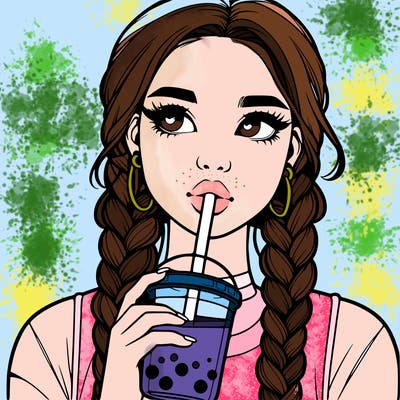 realistic girl with braided hair drinking boba