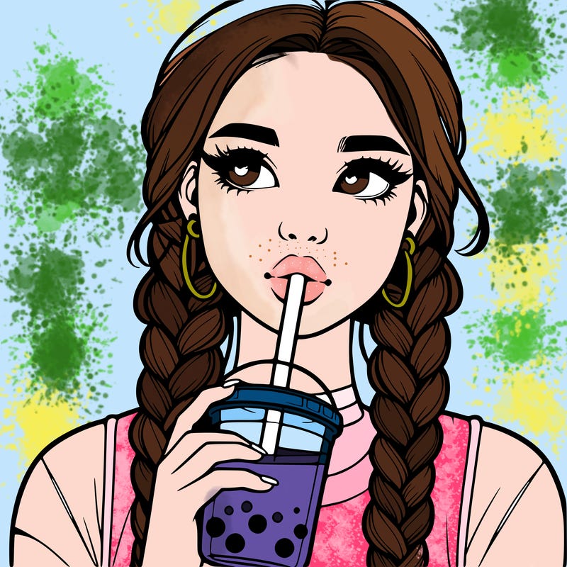 realistic girl with braided hair drinking boba