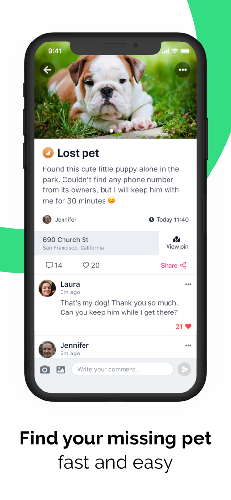SOSAFE - City Social Network - SOSAFE app interface showing a lost puppy report and community comments to help find the owner