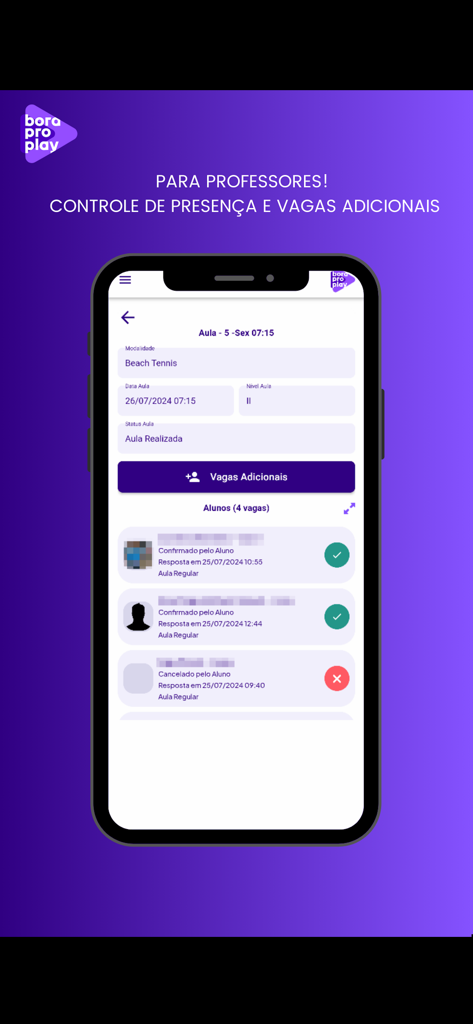 Bora Pro Play - Bora Pro Play app screen showing student attendance tracking for a beach tennis class.