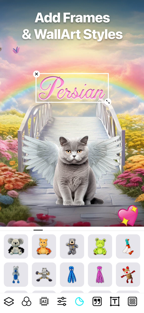 A cat with angel wings on a rainbow bridge background in PawEditor showing wall art styles