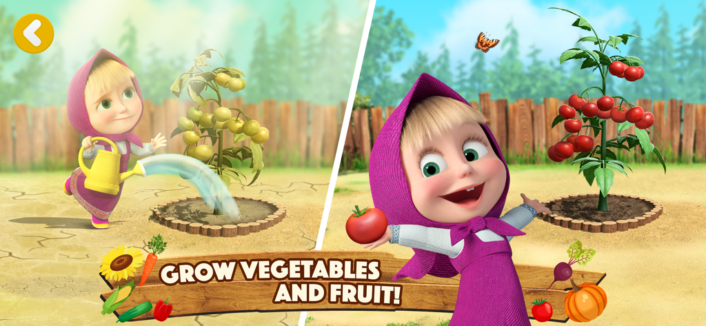 Masha and the Bear: Easy Farm - Personaje de Masha regando plantas y cosechando tomates rojos en un jardín