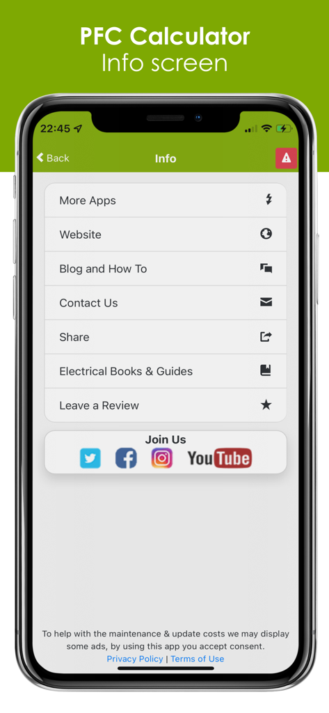Info screen of the Fault Current Calculator app showing menu options for professional electrical resources and social media links