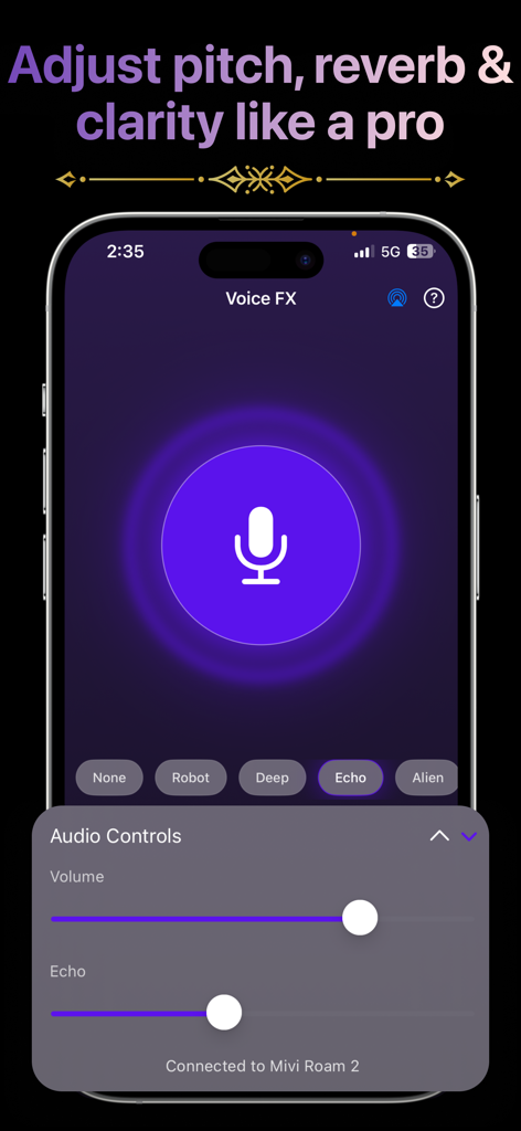 LiveMic: Bluetooth Speaker Mic - LiveMic app interface showing Voice FX options and audio control sliders for volume and echo
