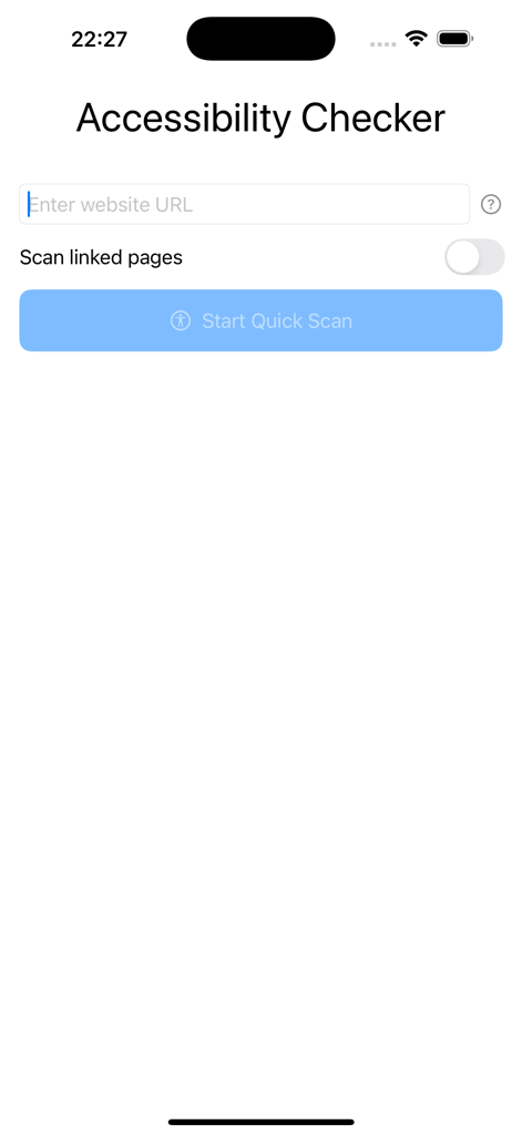 Accessibility Checker app interface with a URL input field and a start quick scan button