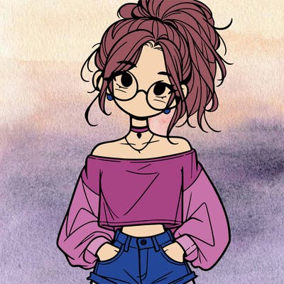 girl with a messy ponytail glasses a baggy crop top and jean shorts