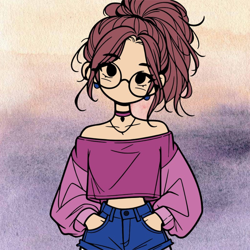 girl with a messy ponytail glasses a baggy crop top and jean shorts