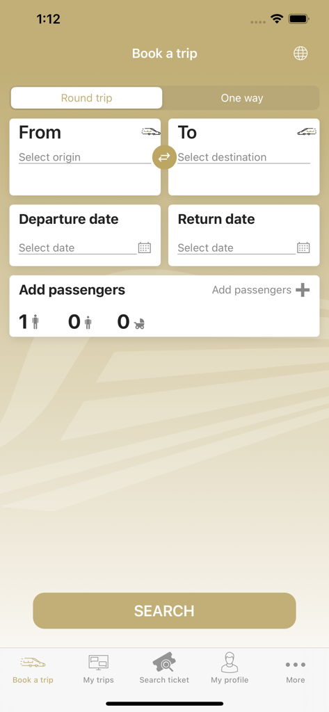 HHR Train - Interface da aplicação móvel HHR Train para reserva de uma viagem com campos para origem, destino, datas e seleção de passageiros