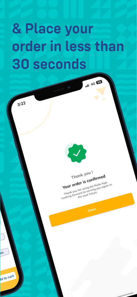 A smartphone screen showing a successful order confirmation message on the Kudu Restaurant app