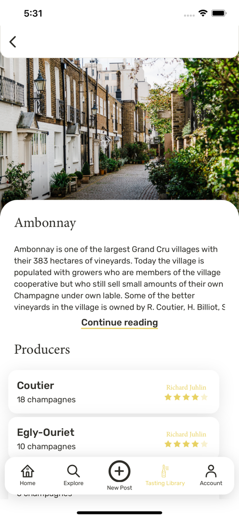 Pantalla de la aplicación Champagne Club que muestra detalles del pueblo Grand Cru de Ambonnay y sus productores de champán.