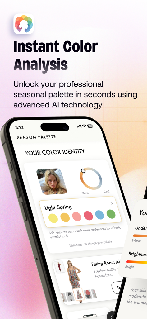 Season Palette: Color Analysis - Season Palette app interface showing an AI color analysis result for a Light Spring seasonal palette