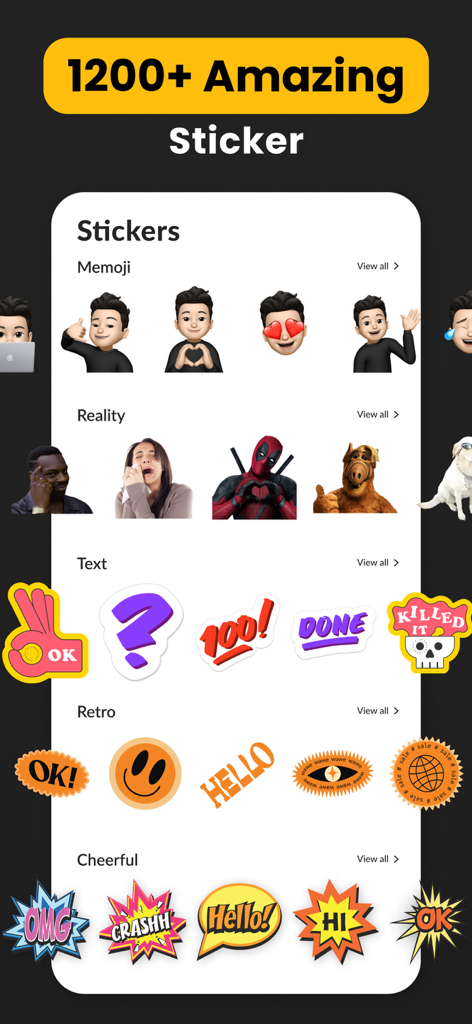 Advertisement Maker, Create Ad - A collection of sticker categories including memojis, pop culture icons, and graphic text stickers for ad creation.