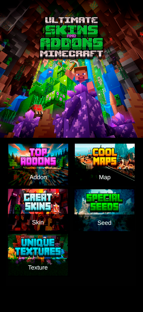 Main interface of the Ultimate Skins for Minecraft app showing categories for addons maps skins seeds and textures