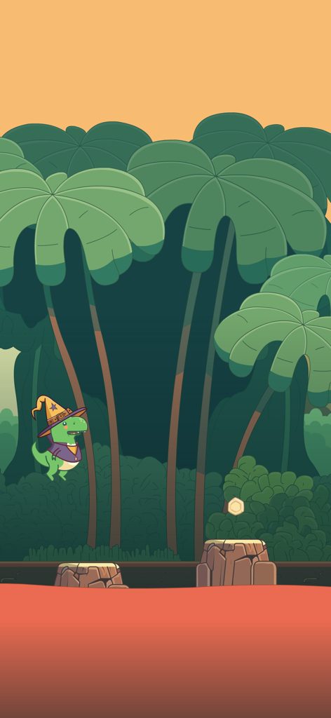 Dino T-Rex Endless Runner Game - ジャングルのレベルでジャンプする、魔法使いの帽子をかぶった緑色のT-レックス。