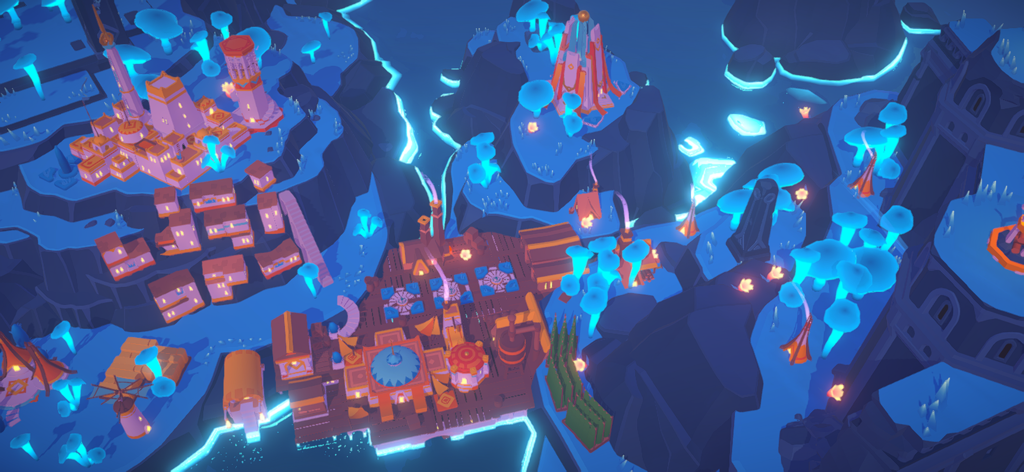 ISLANDERS: Mobile - A peaceful nighttime city settlement on a rocky island with glowing bioluminescent plants and warm building lights