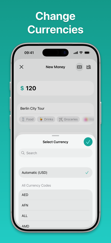 Keepfully – Loan Tracker - Keepfully app interface for selecting a currency when tracking a new money loan