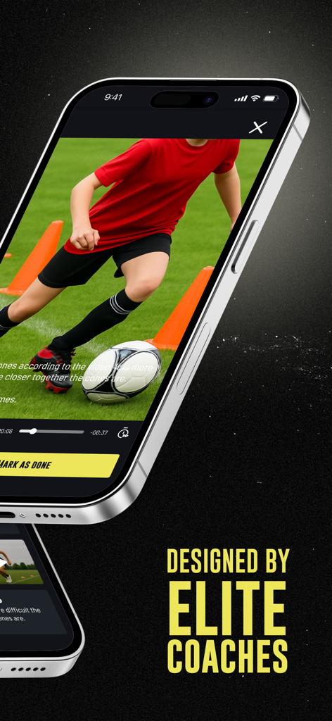 Ballers App: Football Training - Soccer training drill video on a mobile screen with text saying designed by elite coaches