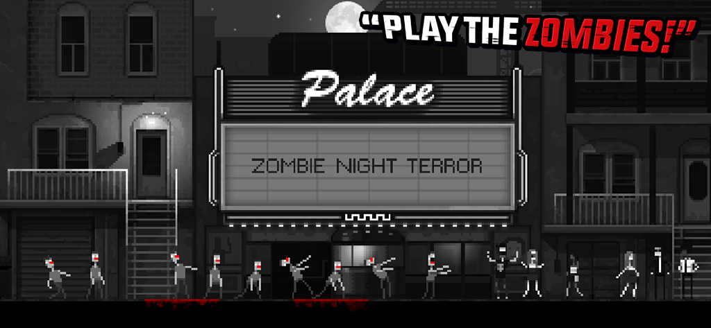 Zombie Night Terror - Arte pixelado retro que muestra una horda de zombis pasando por el cine Palace en Zombie Night Terror.